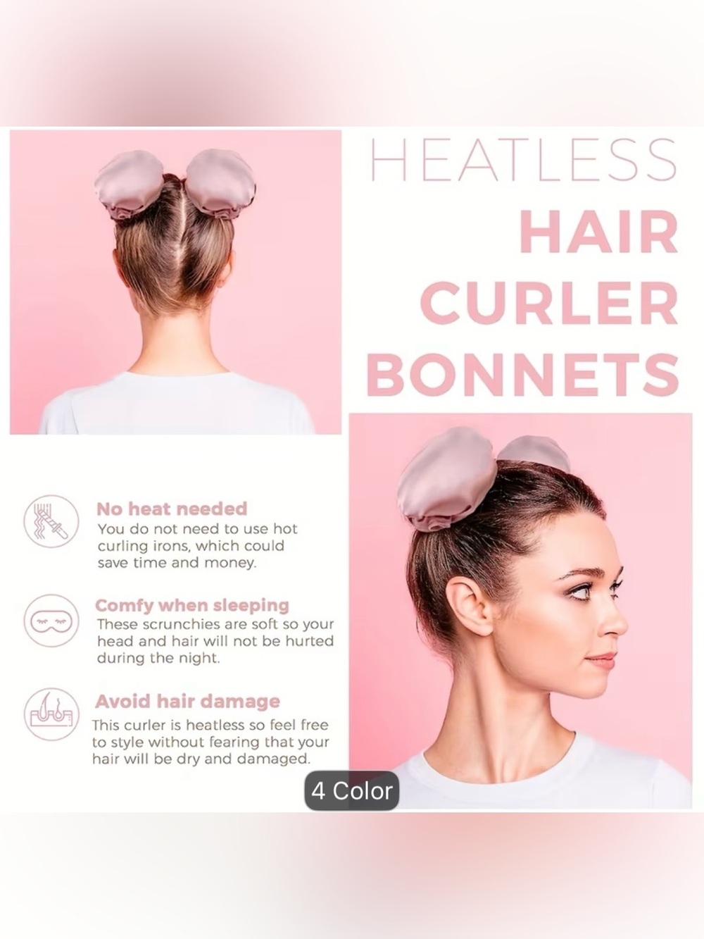 Heatless Hair CurlerBonnet - Pink silk Scrunchie Set